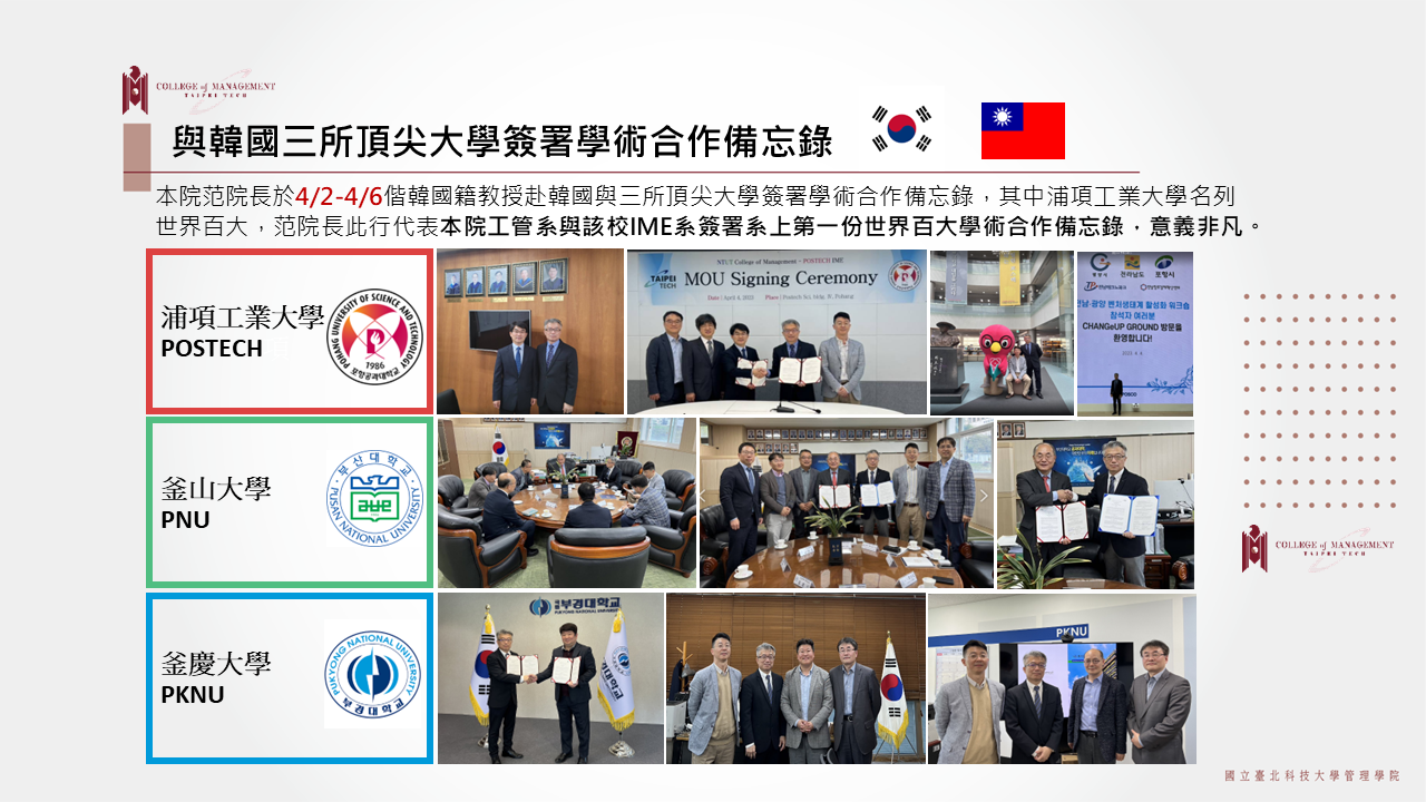 【國際化提升】 與韓國三所頂尖大學簽署學術合作備忘錄